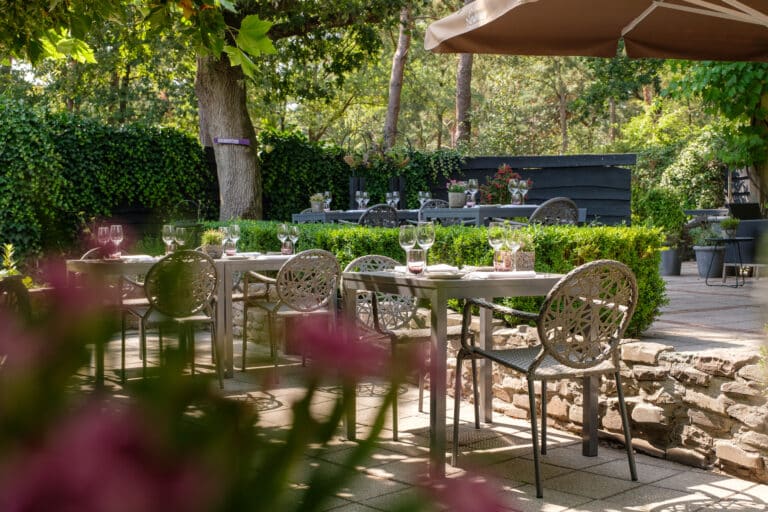 Terras van De Rheezer Bistro met gedekte tafels en bloemen